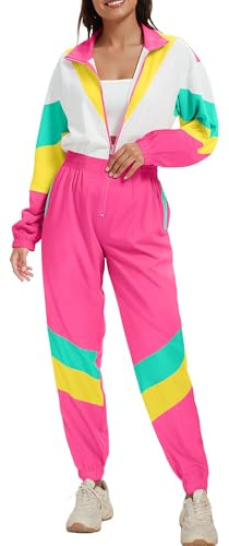 UOUA 80er-Jahre-Outfit für Frauen 90er-Jahre-Kostüm Jumpsuits Langarm Windbreaker Einteiliger Party-Trainingsanzug