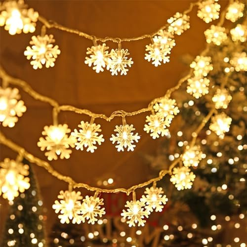 Luci Albero di Natale, 40 LED 6M Catena Luminosa Fiocco di Neve, 8 Modalità Luci Natalizie Decorazione, Luci Natale Esterno Batteria per Halloween, Natale, Casa interni ed esterni, Bianco Caldo