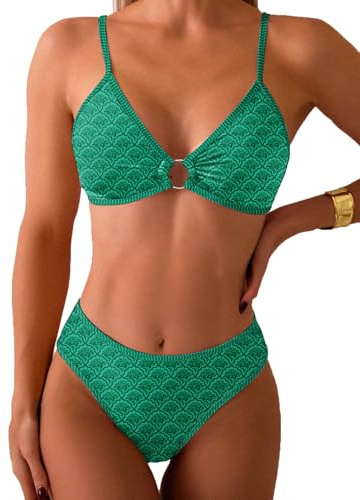 Fanuerg Women's Triangle Bikini Sets O Ring Linked Two Piece Swimsuits Floral Printed Cheeky Bathing Suit Geo Green L