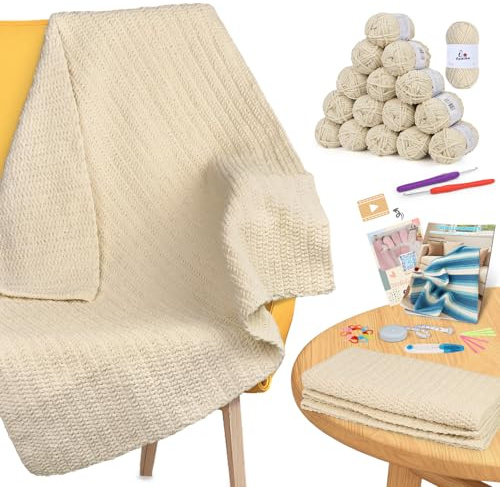 Aeelike Chenille Wolle Decke Häkelset für Anfänger, Einfaches Häkel Set mit Häkelnadeln, Weichem Chenillegarn, Detaillierter Anleitung und Häkelzubehör, Komplettes Anfänger-Häkeln-Set, Khaki | Decke Häkelset für Anfänger Erwachsene mit Chenille-Garnen Detaillierte Video-Tutorials Häkelzubehör Ideales Geschenk