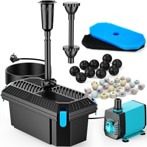 POPOSOAP Filtre pour Bassin avec Fontaine 40W/2500L/H, Kit Filtre Koi avec Pompe, Débit Réglable, Eau Claire pour Bassins Extérieurs et Jardin (Filaire Électrique)