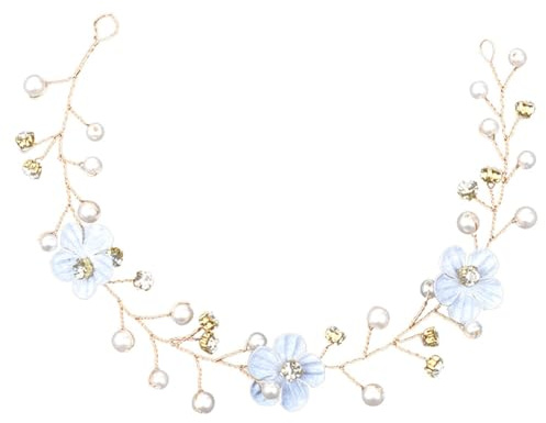 GALPADA Bandeau de Mariage Bleu Fleurs Blanches Accessoires de Coiffure pour Mariée en Perles Artificielles Ornement de Tête Élégant pour Cérémonie Nuptiale