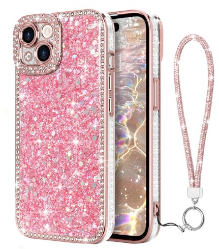 Lafunda for iPhone 14 Case Glitter with Wrist Strap, Pink | Luxury Sparkly Shiny Diamonds Case for Women Girls, with Bling Strap Lanyard, Glossy TPU Bumper Shockproof Protective Cover