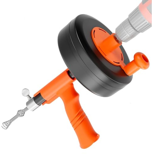 Espiral para limpieza de tuberías (7,6 m, con accesorio de taladro, modo de accionamiento flexible 2 en 1 (eléctrico y manual), tambor de metal