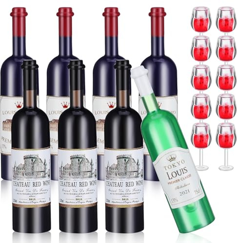 Homoyoyo Mini Bouteilles de Vin en Plastique 4 Bouteilles Bleu Clair, 3 Noires, 1 Verte et 10 Mini Verres à Vin pour Maison de Poupée, Accessoires Décoratifs pour Loisirs Réutilisable
