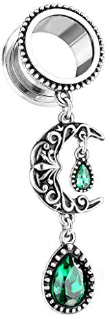 beyoutifulthings Ohr-Tunnel Filigraner Mond Smaragd-Grün Anhänger Silber Ohr-Piercing Ohr-Schmuck Plug Flesh Schraub-Verschluss 6-16mm
