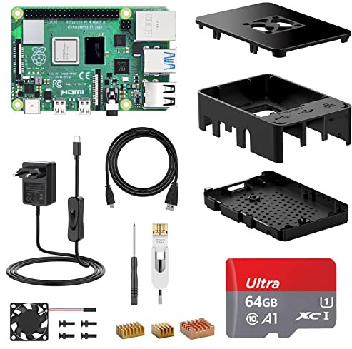 NinkBox Raspberry Pi 4 Modello B, RPi Barebone 4GB RAM + ROM 64GB, Starter Kit:Alimentatore 5.1V / 3A con Interruttore, Ventola, 2 Cavi Micro HDMI,dissipatore di Calore