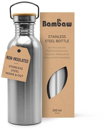 Bambaw Gourde 500 ml, Gourde écologique, Inox Non-Isotherme Sport, Bouteille Acier Inoxydable sans BPA, Bouteille sans BPA Infusion Inox (Acier Naturel)