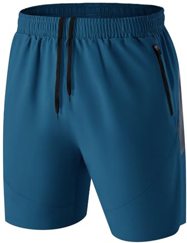 HMIYA Sportshorts för män korta byxor snabbtorkande sportbyxor lätta med dragkedja, Påfågelsblå, M