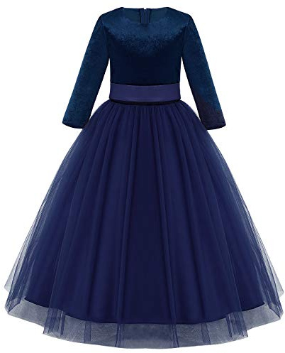 Girls 3/4 Sleeve Velvet Tulle Party Princess Dress Pageant Ball Gown for Wedding Bridesmaid Little Big Girl First Communion Birthday Evening Formal Cocktail Maxi Long Dresses Nvay Blue 9-10 Years