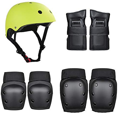Kaiyei Kinder Skateboard Protektoren 7-teiliges Set, Helm & Knieschützer & Handgelenkschoner & Ellbogenschoner Schutzausrüstung für Rollschuhe Fahrrad Inliner Skate Grün + Schwarz L