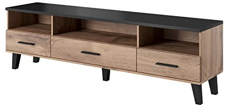 Tv Schrank Lotta, Wohnzimmerschrank, Schrank, Fernsehenschrank, Lowboard, Unterschrank mit 3 Schubkästen, Skandinavisch, Wotan Eiche/Schwarz