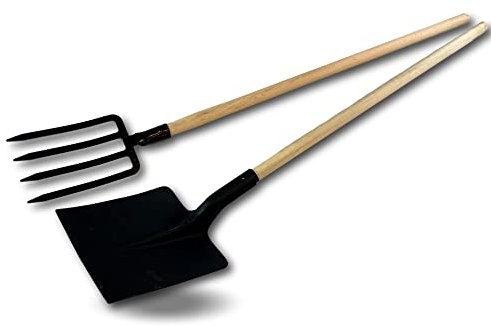 Lot de 3 ensembles fourche bêche 4 dents larges + pelle carrée | Manche en bois | Tête en acier noir | Retourner, aérer la terre | Creuser, trancher, racler | Outils de jardinage | Kibros PLCFCHLKITX3