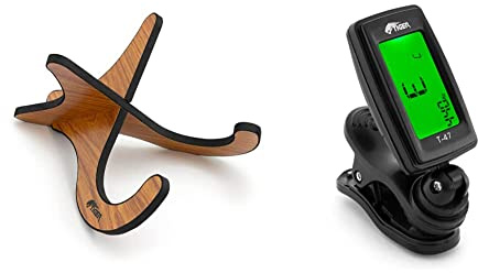 TIGER UAC1-LW Wooden Detachable X-Frame Stand for Ukulele, Mandolin, Banjo and Violin Woodgrain & T-47 Clip-On Digital Chromatic Tuner for Acoustic, Electric, Bass Guitars, Banjo, Violin Black