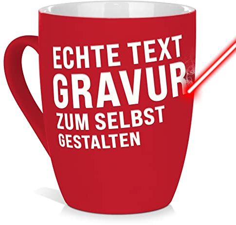 Tasse mit Gravur selbst gestalten - mit eigenem Spruch/Wunschname gravieren - Geschenk Geburtstag, Weihnachten, Freunde, Familie Keramiktasse außen gummiert - Rot, 300 ml I Lasergravur