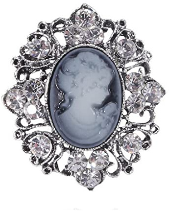 Brosche Schmuck Kamee Büste Damen Grau Blau Strass Kristall Stahl Vintage, 5 x 4 cm, Edelstahl