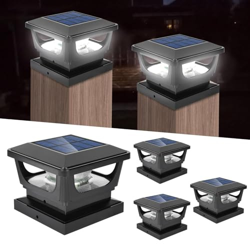 Solar-Pfostenlichter, IP65 wasserdichte Zaunpfostenleuchten mit Dämmerungssensor, 1500 mAh Akku, 12 LEDs, 6500 K, Tageslichtweiß, für Holzgarten, Terrasse, Außenbeleuchtung, passend für 3 x 3, 4 x 4