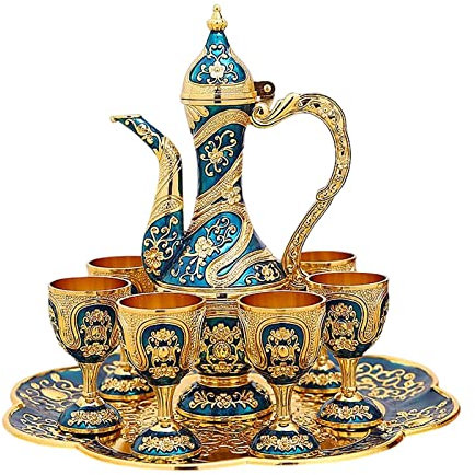 HXSCOO Türkisches Vintage-Kaffeekannen-Set, Modell 6 Tassen, Kunsthandwerk, Teetablett, Teekanne, Weinkanne, Flagon-Set for Servieren von Tee, Dekorationen, Ornamente (Color : Blue)