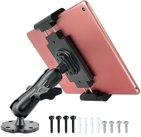 VAUBORTTI Aluminum Arm Heavy Duty Tablet Mount Drill Base - for 6.5-12.9 Tablet iPad Pro/Mini, iPad Holder for Truck, Car,Dashboard,Desk,Wall-Swivel with 1 inch/25mm Ball Joint