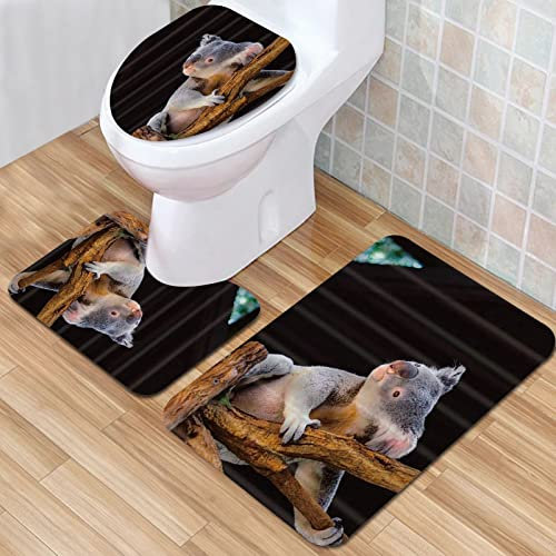IUBBKI Badematte, Badezimmer Anti-Rutsch-Matte, Natur Wildtiere Australische Baby Koalabären auf Holz in B, Badematten-Set 3-teilig, saugfähig, rutschfest, Badematte, WC-Vorleger, Badteppich