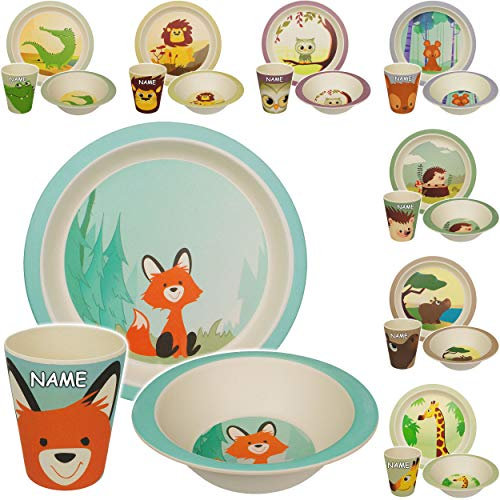 alles-meine.de GmbH 3 TLG. Set - Kunststoff - Geschirrset - Tiere - Waldtiere & Zootiere - inkl. Name - BPA frei - Kunststoffgeschirr - Trinktasse + Teller + Müslischale - Spülma..