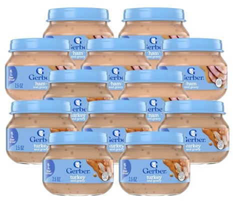 Gerber 2nd Foods Mealtime for Baby Pureed Baby Food Jar Variety Pack, 6 Ham & Gravy Jars, 6 Turkey & Gravy Jars, 2.5 Ounce Jars (12 CT)