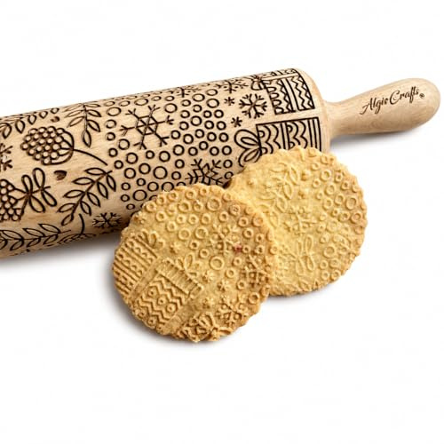 WEIHNACHTSDRUCKE Nudelholz mit Muster Weihnachten Backen - Teigroller Holz für DIY Weihnachten Plätzchen und Keramik - Graviert Plätzchenrolle mit Motiv - 3D Plätzchen Roller von Algis Crafts