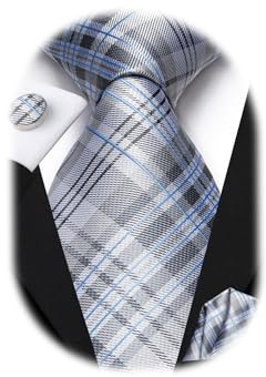 Hi-Tie Men's Tie Sets Silk Formal Striped Necktie and Pocket Square Cufflinks Wedding Business,Gray and Blue Plaid