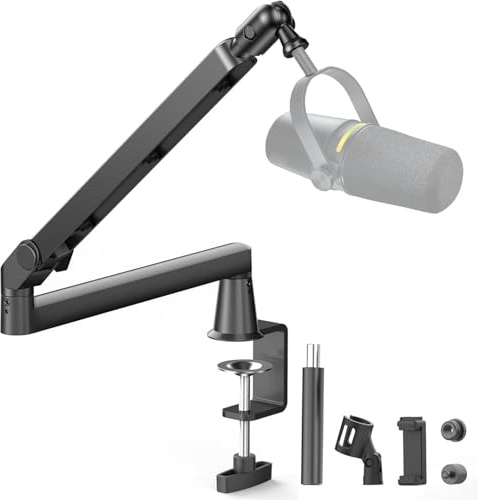 Aisryntek Mikrofon Galgenarm, Low Profile Mic Arm mit 360° Drehung, Kabelmanagement, Extended Riser, Mic Clip, Mikrofonständer für Blue Yeti HyperX QuadCast Shure Elago, Schwarz