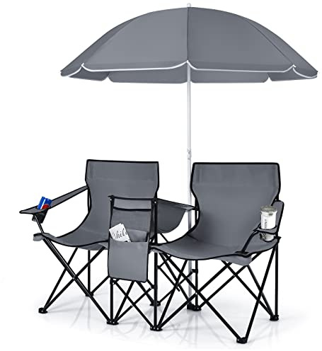 TANGZON Double Camping Chair, Portable Folding Loveseat Chair with Umbrella and Carry Bag, Outdoor Leisure Lover Chairs for Finishing, Picnic, Travel, Hiking, Beach and BBQ (Grey)