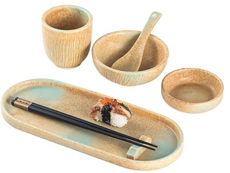 Henten Home Juego de vajilla de sushi para personas – Juego de servir sushi con plato de sushi, cuencos para salsas, cucharas y palillos, vajilla japonesa para miso, sopa, sushi, arroz