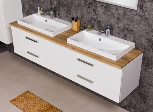 Quentis Badmöbelset Susan 160 cm, Dopelwaschplatzset weiß glänzend/Eiche Natur, mit 2 Waschbecken, Waschbeckenunterschrank montiert