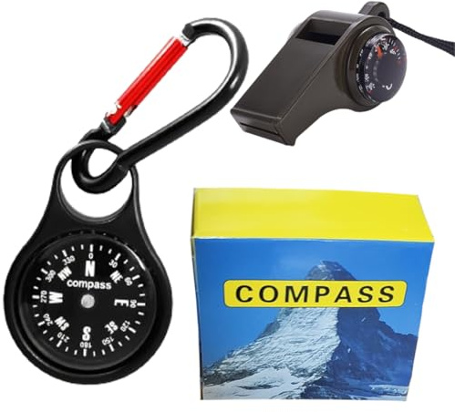 WHYCNJL 1 kit bussola guida con portachiavi fibbia alpinismo e fischietto bussola fischio di sopravvivenza per escursioni all'aperto e campeggio, nero
