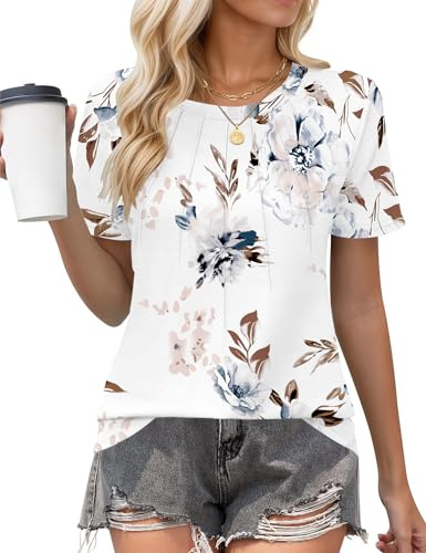 PLOKNRD Womens Summer Short Sleeve T Shirts White Floral L