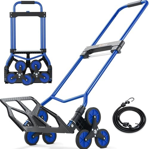 Verbesserter Treppensteiger-Rollwagen, zusammenklappbar, Treppensteiger, Handkarre mit Teleskopgriff und leisem Rad, Treppensteiger-Rollwagen mit elastischem Seil für Umzug, Gepäck, Büro, Blau