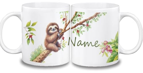 Kinder Tasse personalisiert mit Name, Faultier | Farbwahl Tasse, Schriftwahl für Name, Keramik oder Kunststoff