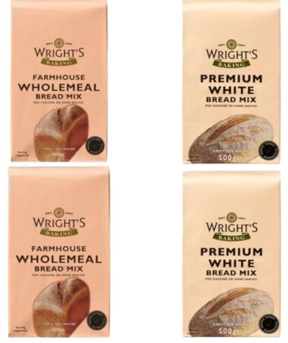 Wright's Premium White 2X500g & Farmhouse Wholemeal 2X500g bread mix Packs for Bread Maker & Hand Baking – Just Add Water – Homemade Bread, Rolls & Pizza Dough – High Protein Wheat Flour
