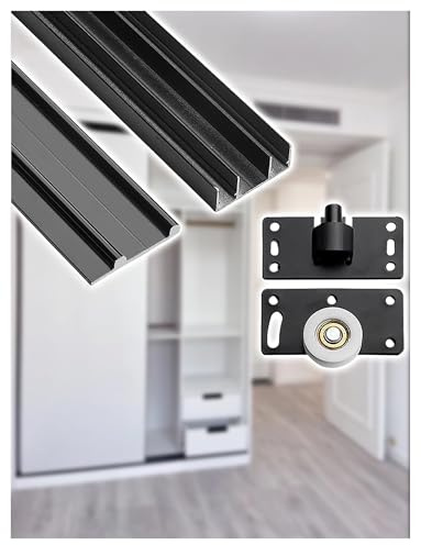 Wardrobe Sliding Door Pulley Track, 3-Track Sliding for Wardrobe, Cabinet, Room Divider, Wooden Panel Sliding Doors(Black,240cm)
