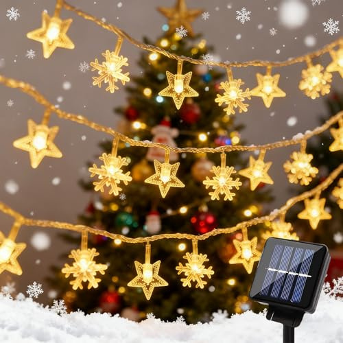 Quintrost Solar Sterne Schneeflocke Lichterketten Weihnachten, 6.5M 30 LED Solar Weihnachtsbeleuchtung Außen Wasserdicht, 8 Modi Solar Lichterkette Weihnachtsdeko für Garten Balkon Hochzeit, Warmweiß