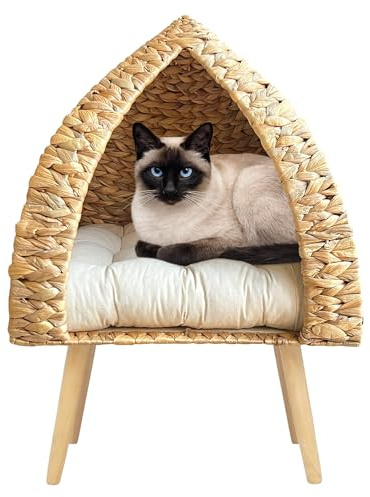 Le Condo Chic Pyramid pour Chat Tressée à la Main Panier Artisanal en Jacinthe d’Eau Pyramide élevée sur Pieds en Bois Lit en Fibre Naturelle pour Petit Chien Design Original avec Coussin 41x41x60 cm