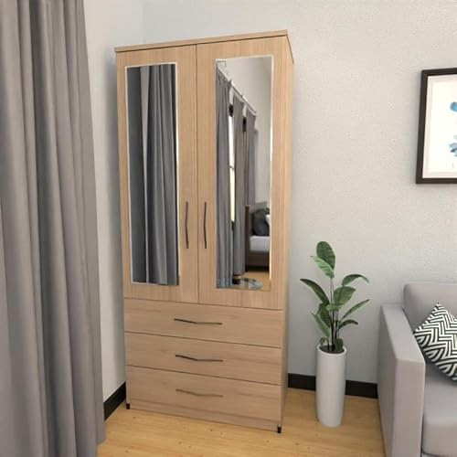 Modern Assembled Wardrobe, 78 cm Wide, 2 Mirrored Doors, 3 Drawers, White (Oak)