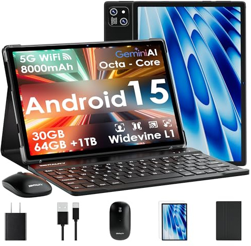 2026 Tablet 10 inch Android 15 Tablet with Keyboard 30GB RAM + 64GB ROM (Expand 1TB ) IPS Display Octa-Core Processor 8000mAh WiFi BT 5.0 w/ Gemini AI, Face Unlock, Split Screen, Screen Mirroring