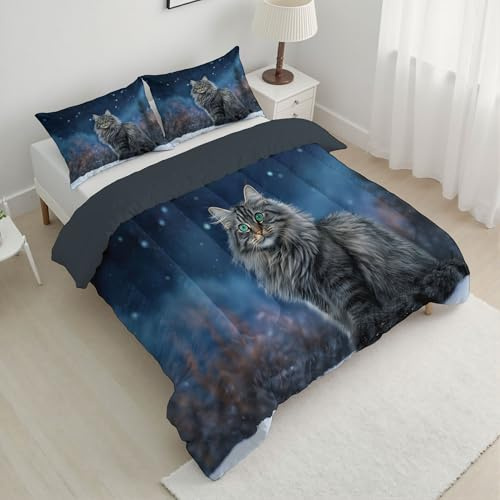 ANALTIRCE Trapunta Singolo Per Bambini Con Stampa Gatto Carino E Soffice, Trapunta 4 Stagioni, Inverno Scena Innevata, Piumone Blu, 140x200cm Letto Trapuntato + 1 Federa, Reversibile Piumino