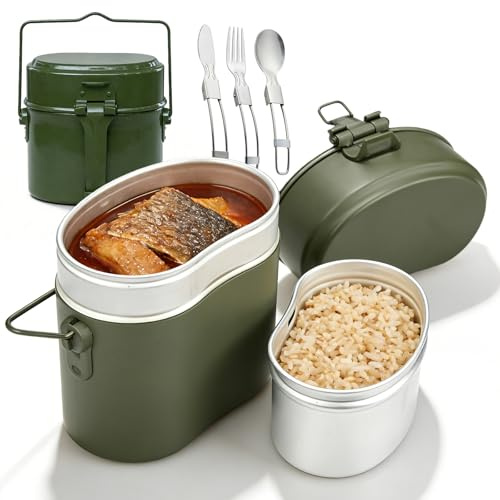 PORFOYO Bundeswehr Essgeschirr, 1.8l Camping Kochgeschirr Mess Kit, Bundeswehr Aluminium Kochgeschirr Mit Faltbarer Messer, Gabel Und Löffel Für Outdoor, Geschirr Picknick, Wandern