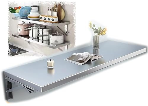 GPNVNHWQL Wall Mount Kitchen Folding Table 304 Stainless Steel Fold Down Desk for Small Spaces/Laundry/Study Folding Concession Shelf Hanging Computer Desk(80x20cm/32x8in)
