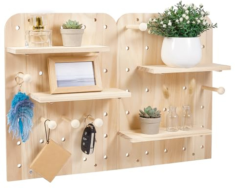 GLASSWINDS Wood Pegboard Wall Organizer Combination Kit, 2 Office Peg Board Panels with 18 Accessories, Modular Display DlY Storage Crafts Organization Wall Hooks Shelf for Bedroom Study Home