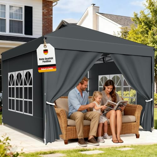 Pavillon 3x3 m,Faltpavillon, 4 Seitenteilen,Tragtasche,Sandsäcke, Anthrazit | Gartenpavillon Wasserdicht,Stabiler,UV Schutz 50+,420D Oxford-Gewebe,Höhenverstellbar,Partyzelt für Camping Party,Garten