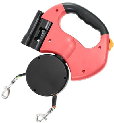 Dubbelt infällbart hundkoppel med LED-ficklampa | automatiskt rullkoppel för 2 hundar | 360° trasselfritt och reflekterande | utdragbart dubbelkoppel för små och medelstora hundar.