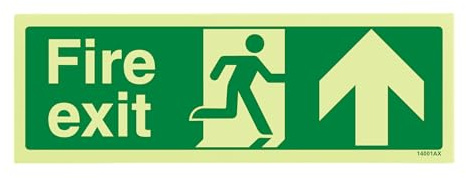 VSafety Warnschild mit Aufschrift auf Englisch „Fire Exit“, 300 mm x 100 mm, selbstklebendes Vinyl, leuchtet in der Dunkelheit, Pfeil nach oben