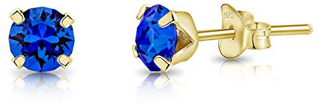 Pendientes de Botón Plata Ley 925 Chapados Oro 24K on Cristales Brillantes Azul Zafiro 5 mm - Pendientes Pequeños Oro para Mujer - Punto de Luz Hipoalergénicos